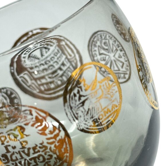 Federal Glass Roman Coin Roly Poly Smoky Lowball Cocktail Glasses MCM - Picture 11 of 13